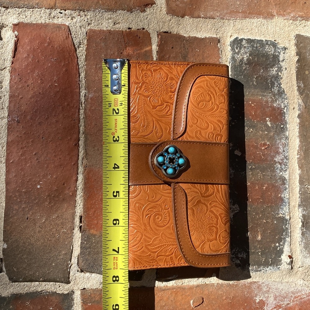 M.C. Floral Tooled Leather Wallet with Turquoise rhinestones & beads - Picture 16 of 16